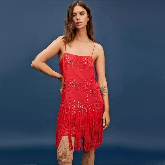 NWT Free People red fringe trim sequin embellished mini dress, XS - Picture 6 of 15